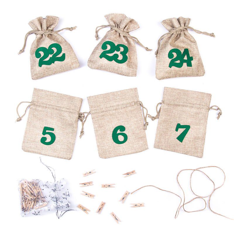 Kalendarz adwentowy woreczki jutowe 11 x 14 cm - naturalne + zielone numery Woreczki na Boże Narodzenie