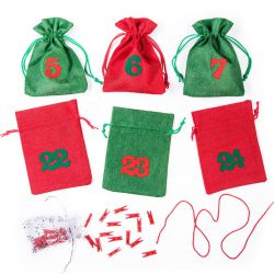 Kalendarz adwentowy woreczki jutowe 12 x 15 cm - zielone i czerwone + czerwone i zielone numery Woreczki na Boże Narodzenie