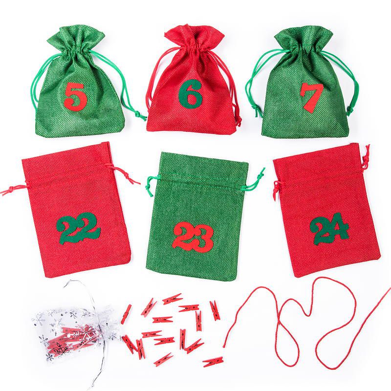 Kalendarz adwentowy woreczki jutowe 12 x 15 cm - zielone i czerwone + czerwone i zielone numery Woreczki na Boże Narodzenie
