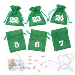 Kalendarz adwentowy woreczki jutowe 12 x 15 - zielone + białe numery Woreczki na Boże Narodzenie