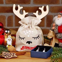 Woreczek jutowy 13 x 18 cm - Boże Narodzenie + drewniana bombka z rogami Boże Narodzenie