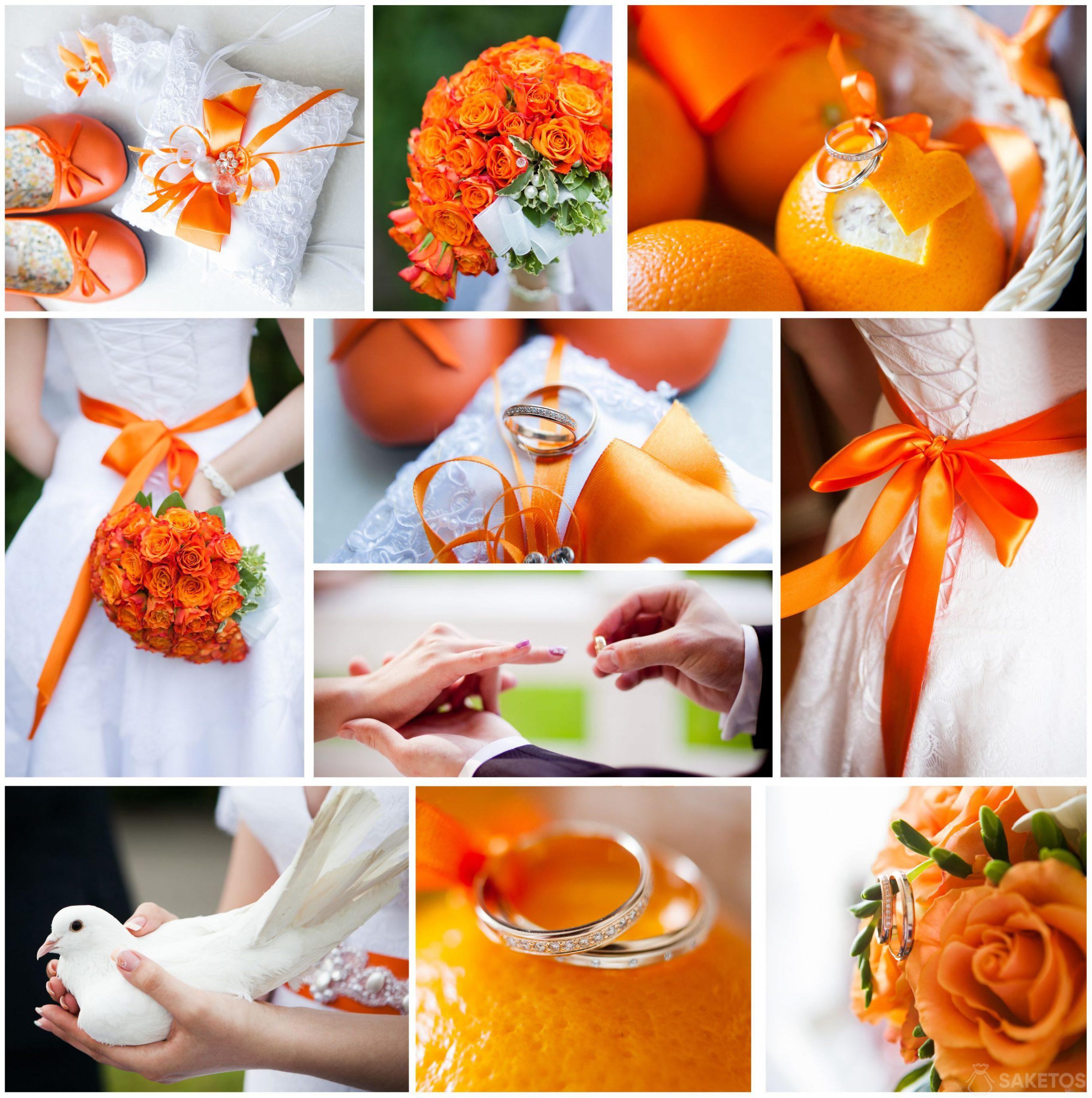 Jak wybrać kolor przewodni wesela? Kolaż z pomarańczowymi dodatkami na ślub