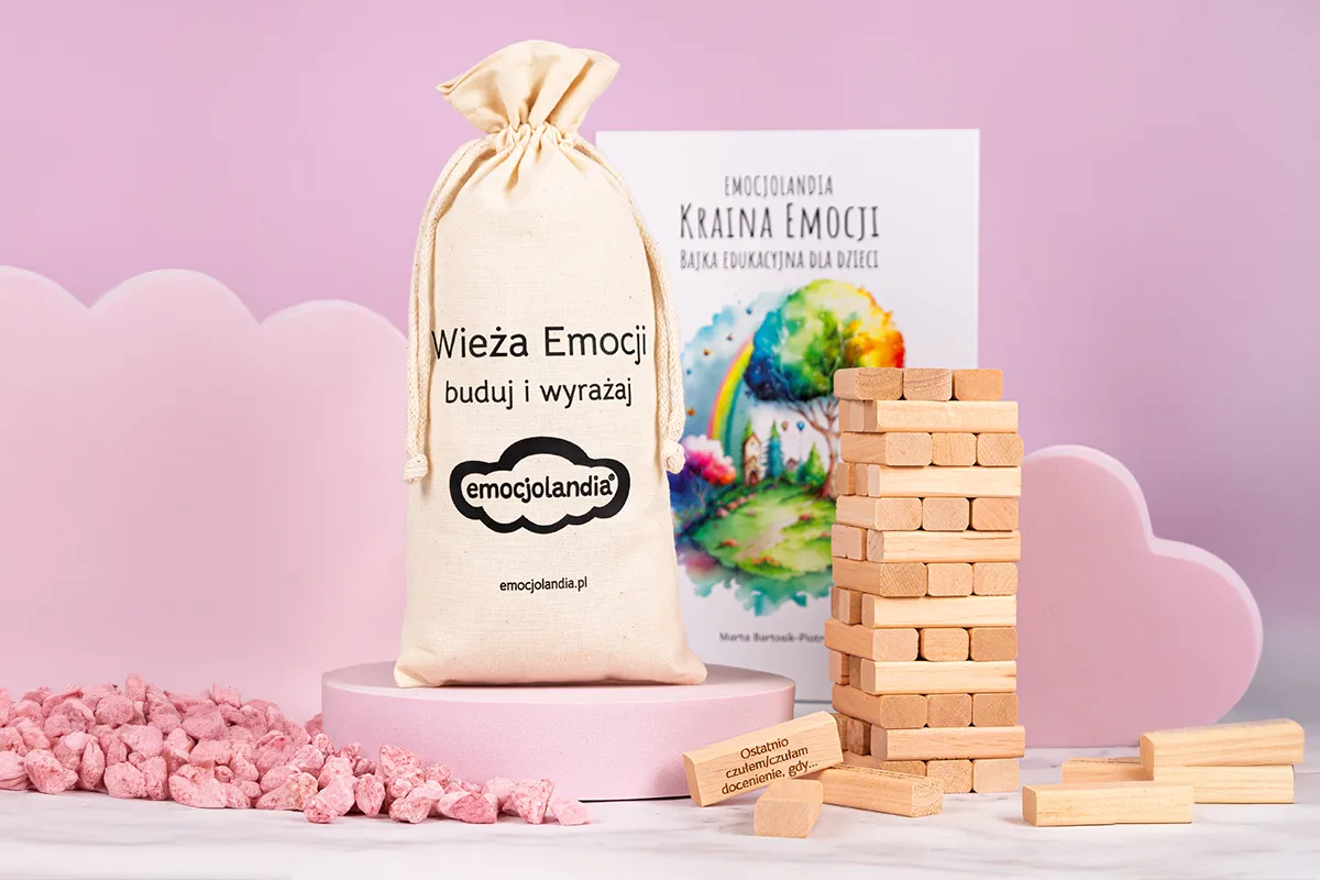 Woreczek z logo - realizacja dla marki Emocjolandia
Gra jenga w woreczku