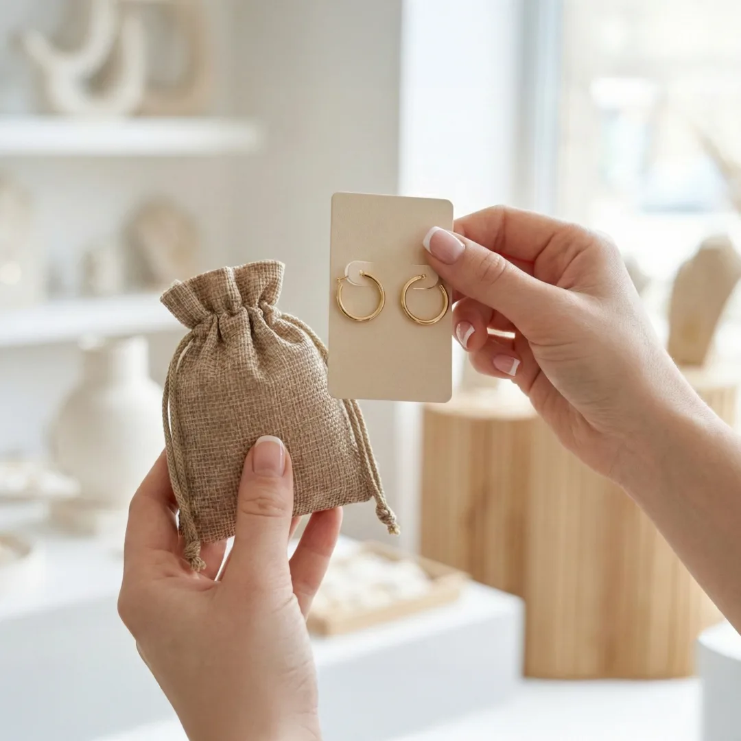 Beżowe woreczki jutowe na kolczyki i biżuterię.