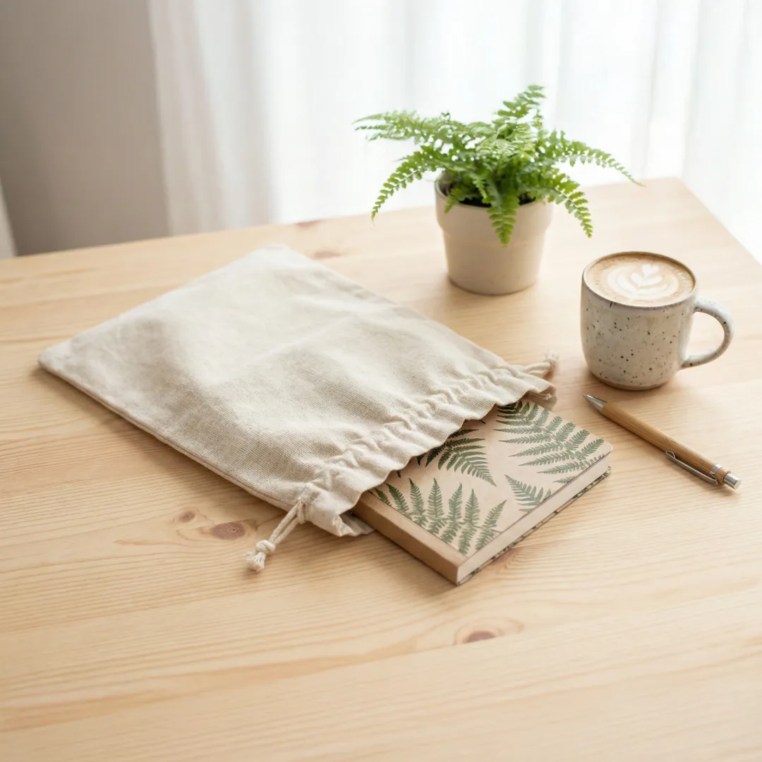 Lniany worek jako materiałowe opakowanie na notes i pamiątki.