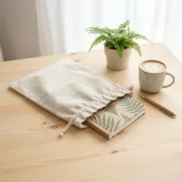 Worek lniany jako materiałowe opakowanie na notes i pamiątki.