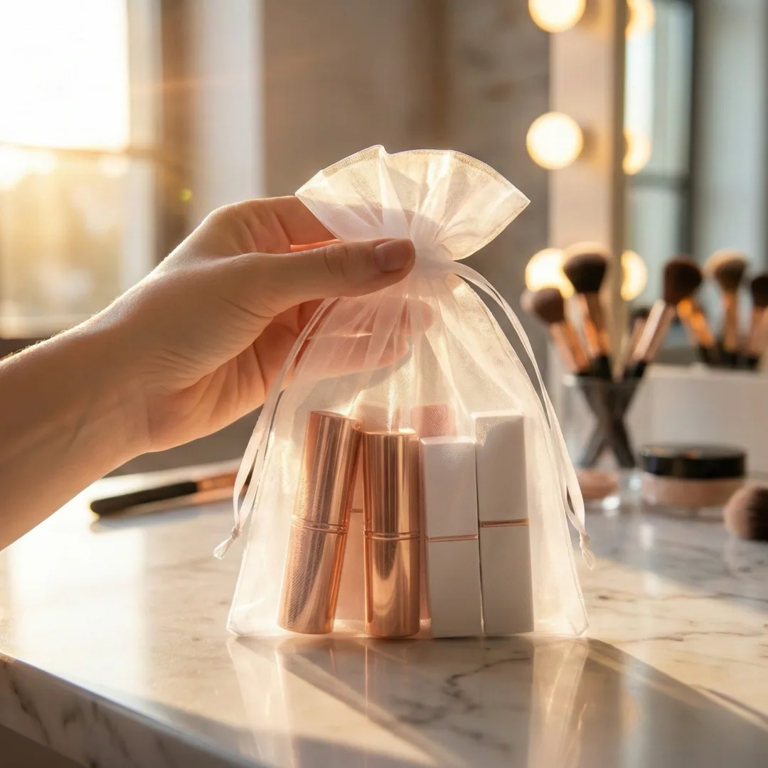 Białe i transparentne organza woreczki na małe kosmetyki 