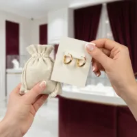 Lniane woreczki jako trwałe opakowanie na biżuterię i złote kolczyki.