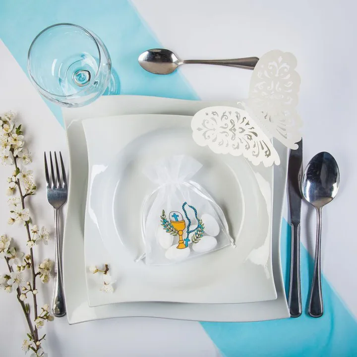 Woreczki z organzy 10 x 13 cm białe z nadrukiem Woreczki z organzy