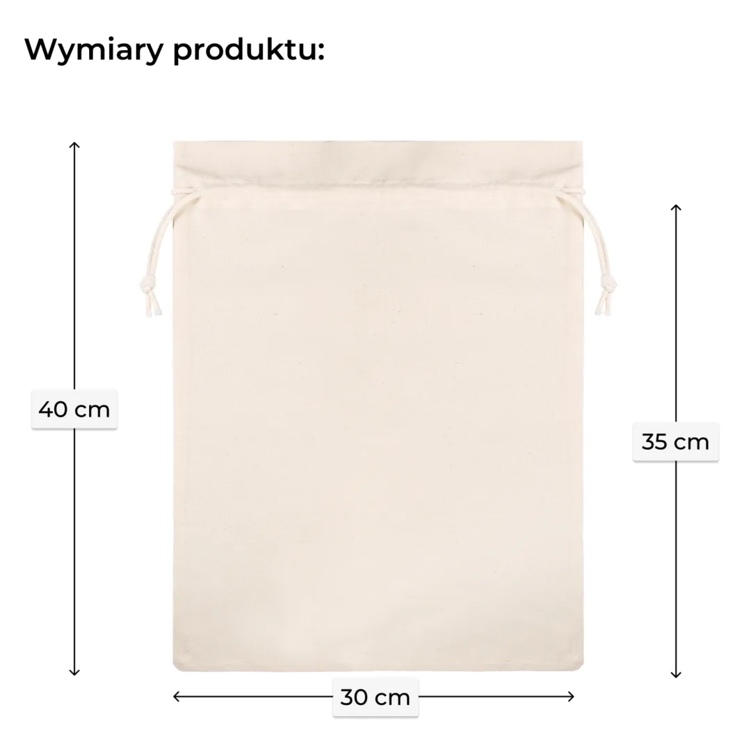 Grafika informacyjna pokazująca wymiary ekologicznego worka bawełianego