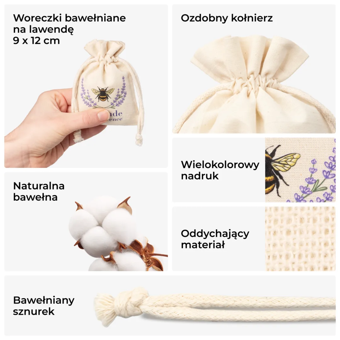 Naturalne woreczki na lawendę z bawełny. 9 x 12 cm z napisem Lavande de Provence