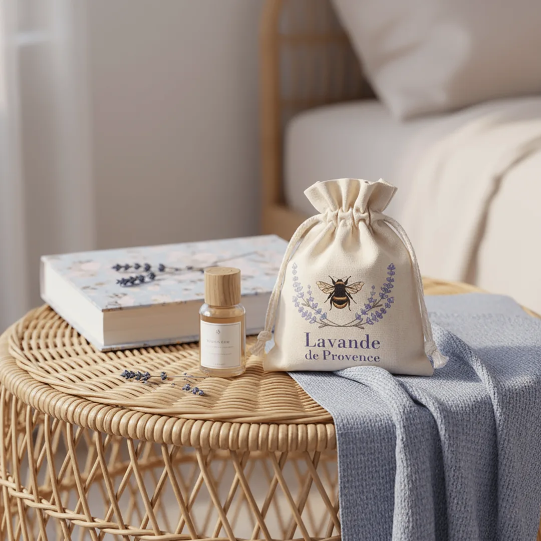 Bawełniane woreczki na lawendę 9 x 12 cm Lavande de Provence, naturalne saszetki z nadrukiem pszczoły