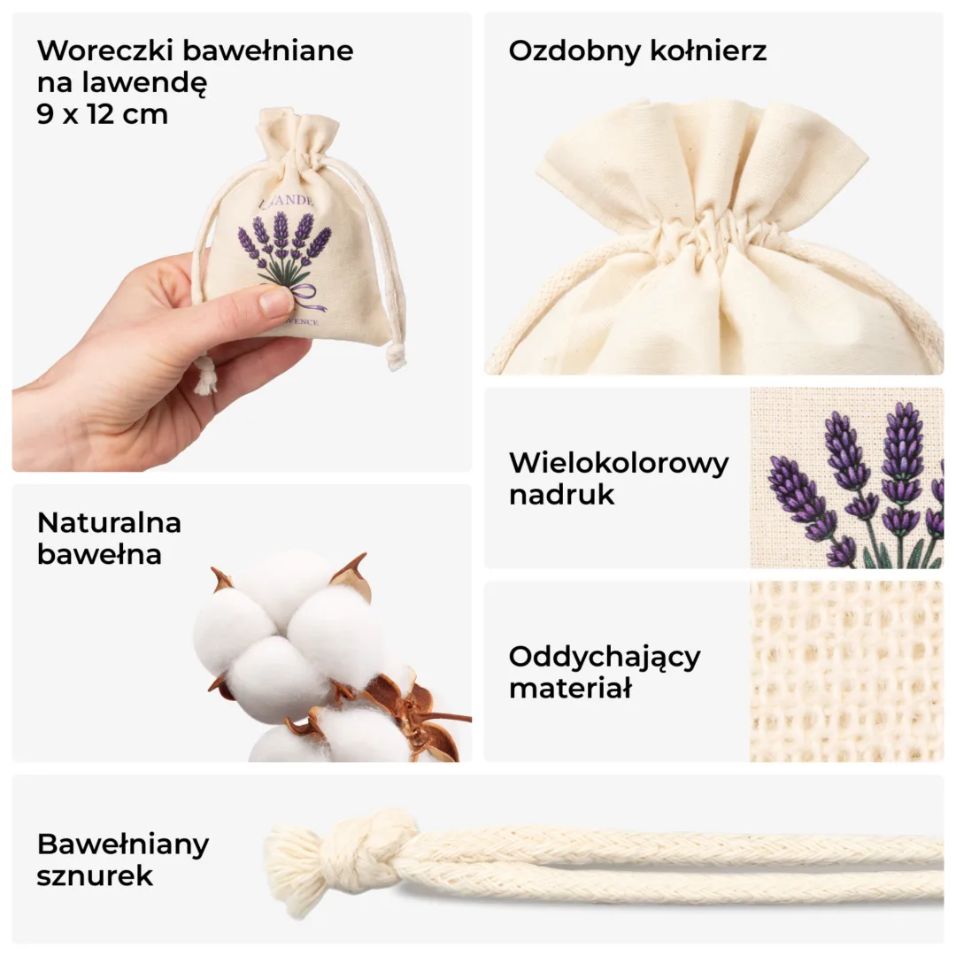 Bawełniane woreczki z bukietem lawendy 9 x 12 cm Provence, naturalne saszetki z nadrukiem lawendy