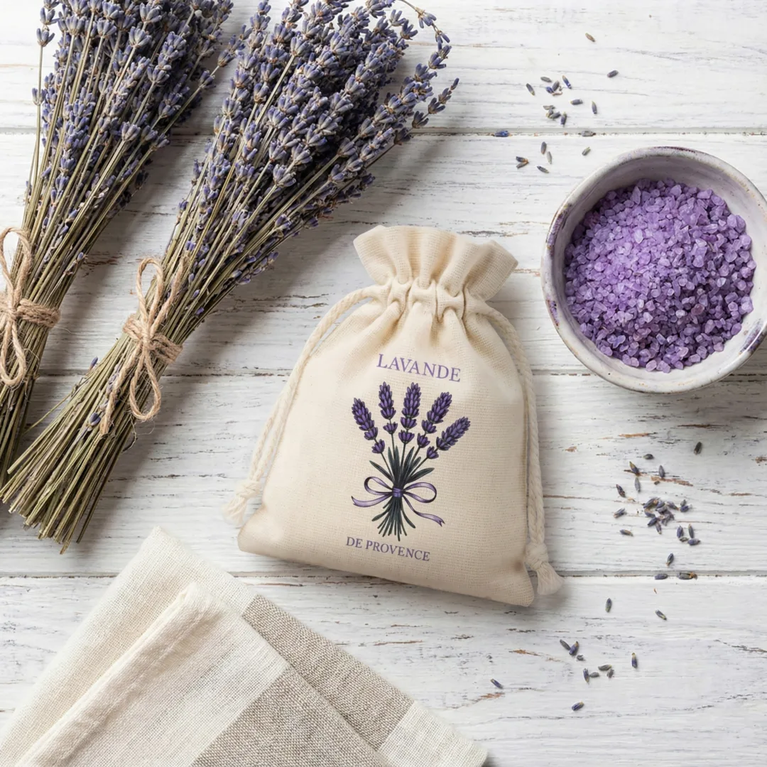 Naturalne bawełniane woreczki Provence 9 x 12 cm z bukietem lawendy, opakowania na suszoną lawendę