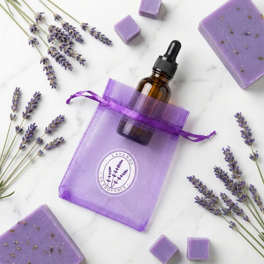 Woreczki na lawendę z organzy - fioletowe ze wstążką i nadrukiem