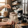 Woreczki lniane napełniane kawą w kawiarni, praktyczne opakowanie na produkty sypkie
