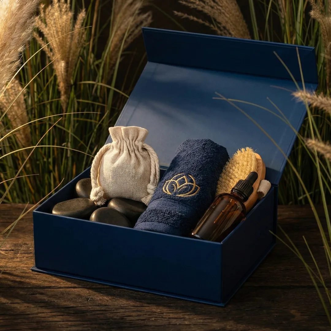 Zestaw prezentowy z ręcznikiem, olejkami i lnianym woreczkiem w granatowym pudełku.