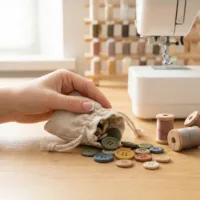 Lniana sakiewka wypełniona kolorowymi guzikami trzyma dłoń przy maszynie do szycia.