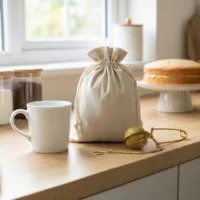 Lniane woreczki na prezent na parapecie przy oknie z filiżanką kawy