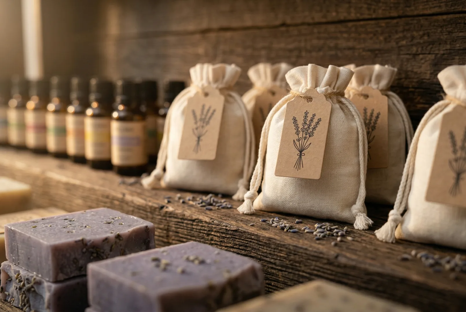 Woreczki z suszoną lawendą ustawione na półce magazynowej na plantacji.