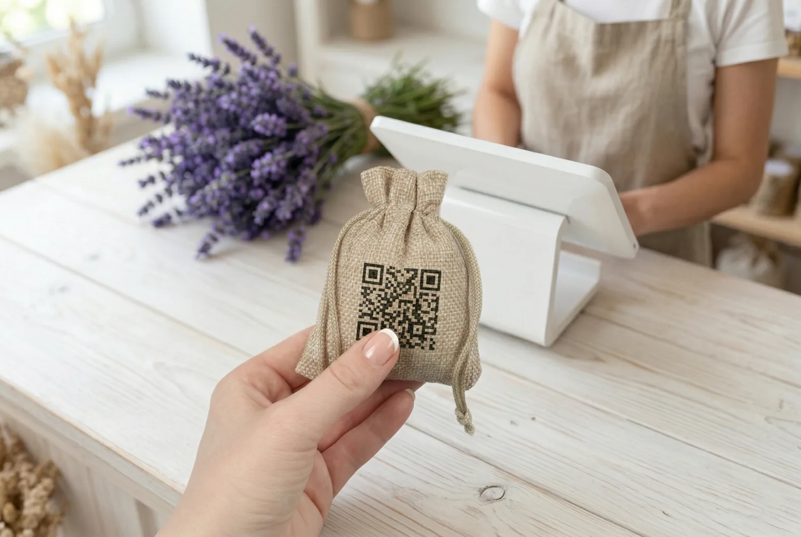 Materiałowy woreczek na lawendę z nadrukowanym logo plantacji i kodem QR, ułatwiającym klientom ponowny zakup.
