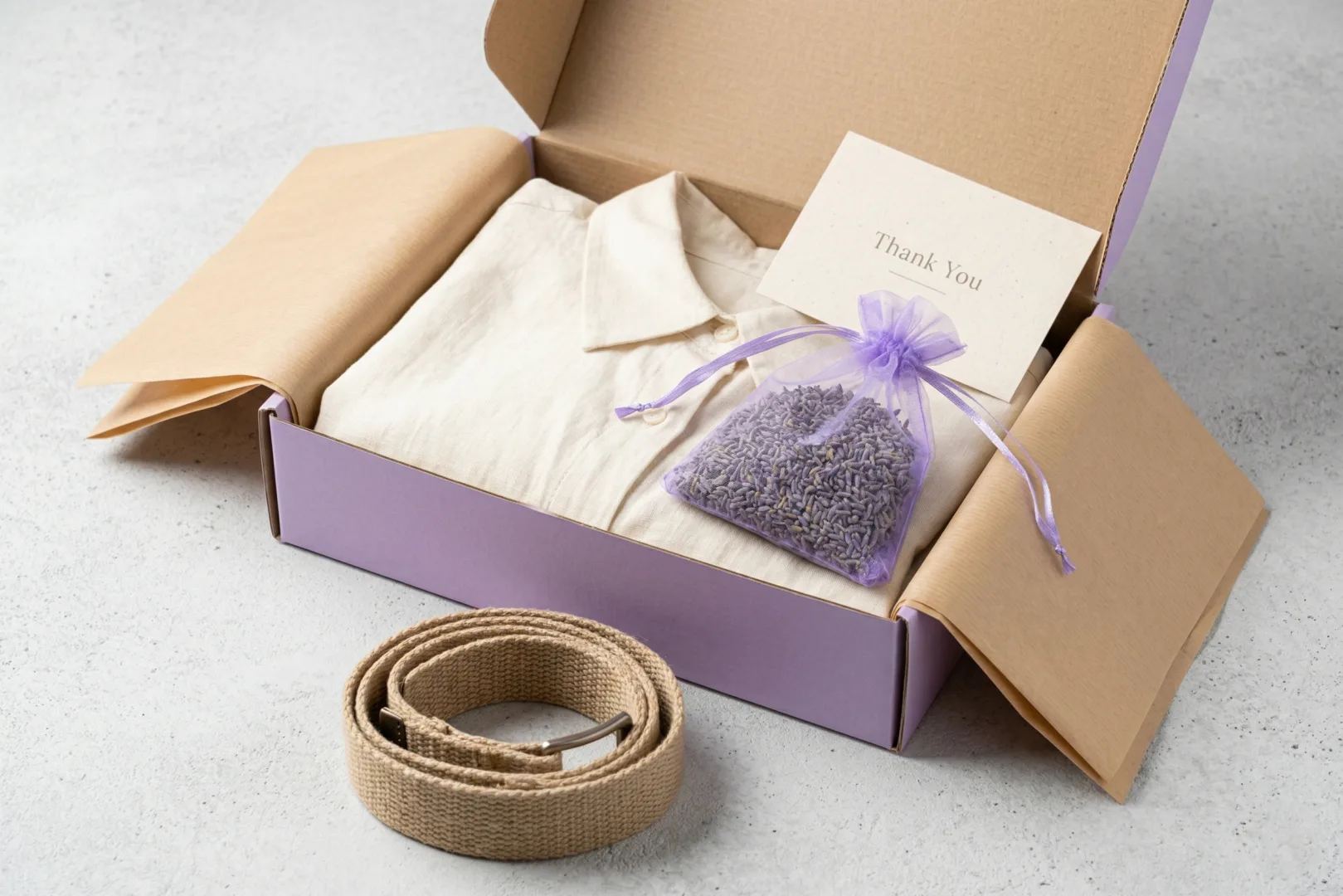 Lawendowy woreczek z organzy w fioletowym pudełku e-commerce z koszulą, paskiem i kartką Thank You - woreczek zapachowy jako upominek dla klientów sklepów internetowych