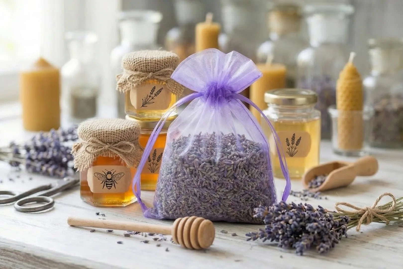 Woreczek z suszoną lawendą doskonale sprawdzi się w duecie z miodem - te dwa naturalne produkty mogą stanowić element zestawu prezentowego