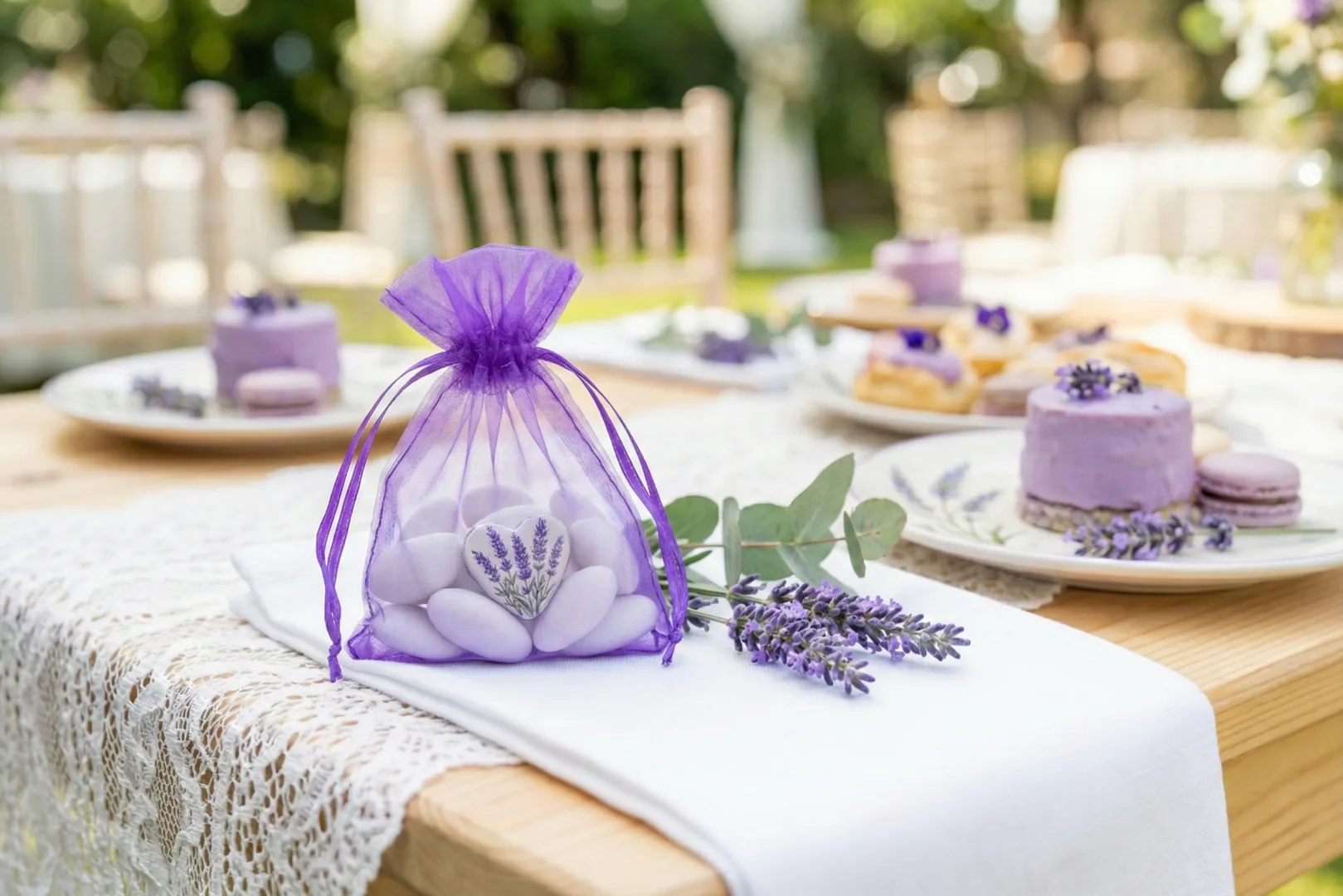 Woreczki na upominki dla gości na lawendowy ślub - dekoracja stołu weselnego w stylu boho i rustykalnym