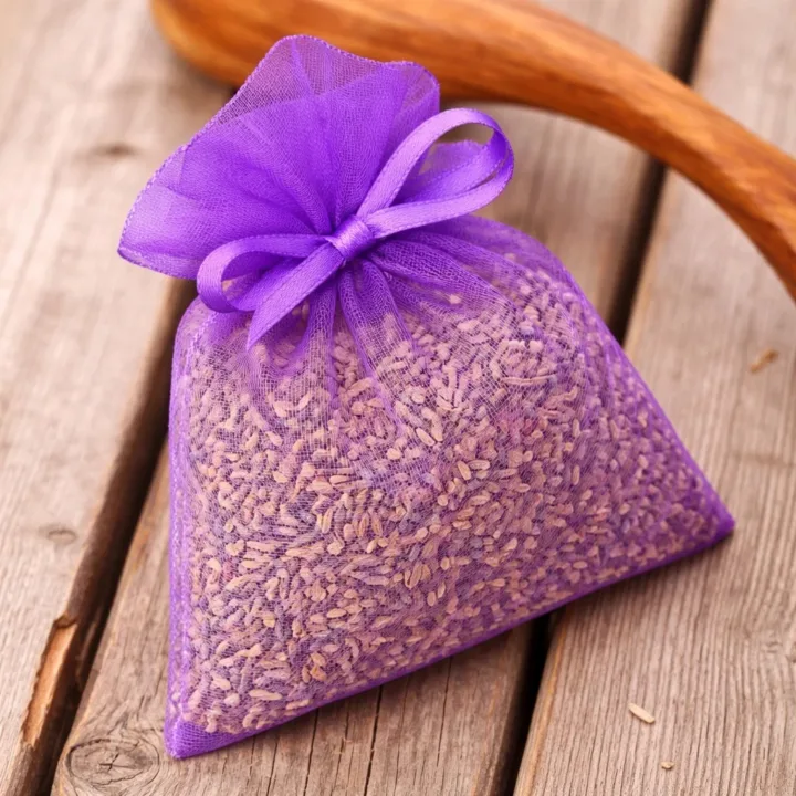 Bawełniany woreczek na lawendę i susz z fioletowym nadrukiem w wianku lawendy.